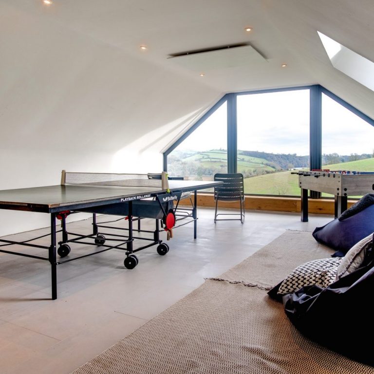 Tbale tennis table, table football, seating and view from the games room
